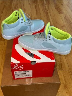 ES Accel Slim Mid Men’s Skate Sneaker — Light Blue with Neon Yellow